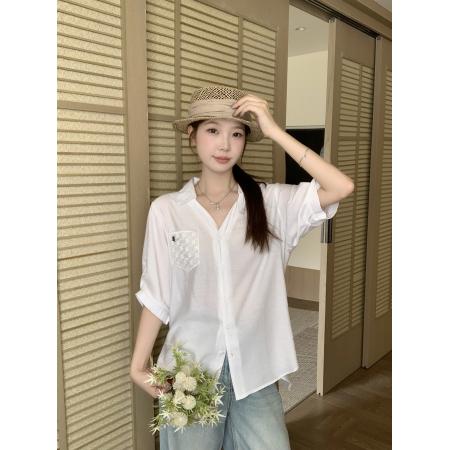 BY25711# 夏季新款胖mm大码女后背拼接蕾丝短袖衬衫设计感通勤上衣 服裝批發女裝批發服飾貨源
