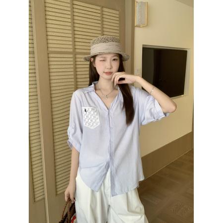 BY25711# 夏季新款胖mm大码女后背拼接蕾丝短袖衬衫设计感通勤上衣 服裝批發女裝批發服飾貨源