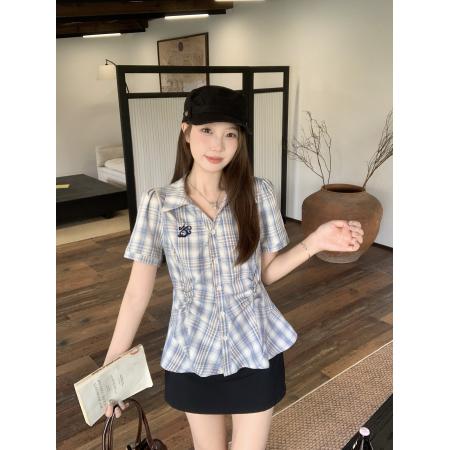 BY25712# 夏季新款胖mm大码女蓝色格子收腰短袖衬衫学院风掐腰上衣 服裝批發女裝批發服飾貨源