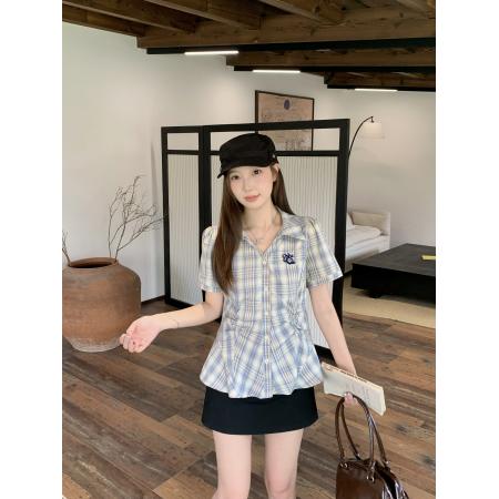 BY25712# 夏季新款胖mm大码女蓝色格子收腰短袖衬衫学院风掐腰上衣 服裝批發女裝批發服飾貨源
