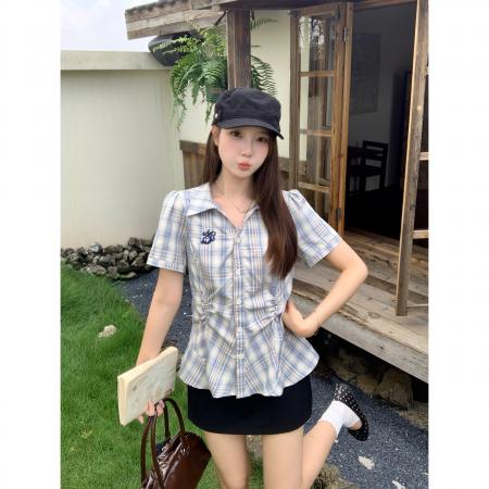BY25712# 夏季新款胖mm大码女蓝色格子收腰短袖衬衫学院风掐腰上衣 服裝批發女裝批發服飾貨源
