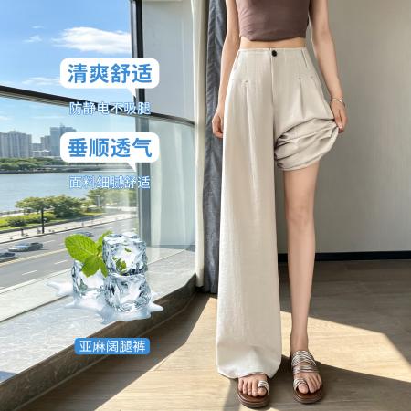 BY25719# 白色亚麻裤子女夏薄款宽松老钱风抗皱垂感冰丝棉麻西装阔腿裤 服裝批發女裝批發服飾貨源