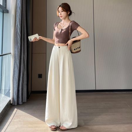 BY25719# 白色亚麻裤子女夏薄款宽松老钱风抗皱垂感冰丝棉麻西装阔腿裤 服裝批發女裝批發服飾貨源