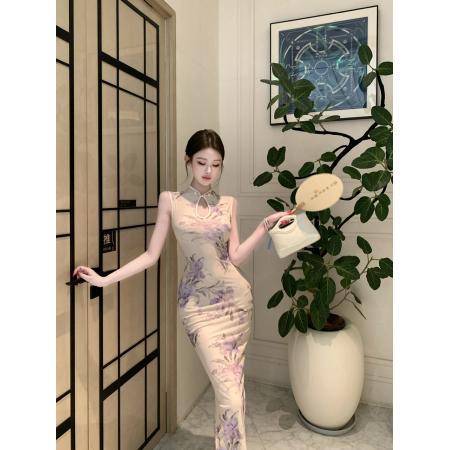 BY25722# 模特新款气质修身显瘦改良印花包臀连衣裙旗袍 服裝批發女裝批發服飾貨源