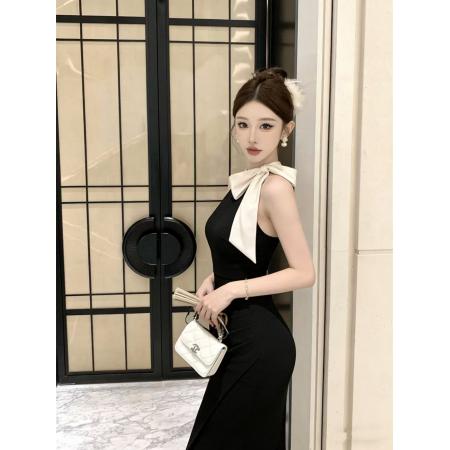 BY25755# 时尚气质蝴蝶结无袖挂脖收腰显瘦连衣裙 服裝批發女裝批發服飾貨源