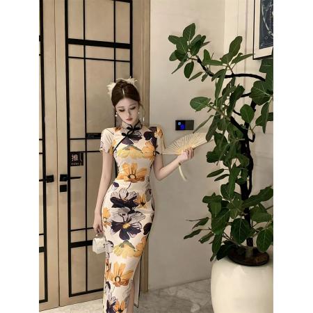 BY25758# 日常改良长款旗袍新款高端气质显瘦复古大花法式连衣裙 服裝批發女裝批發服飾貨源