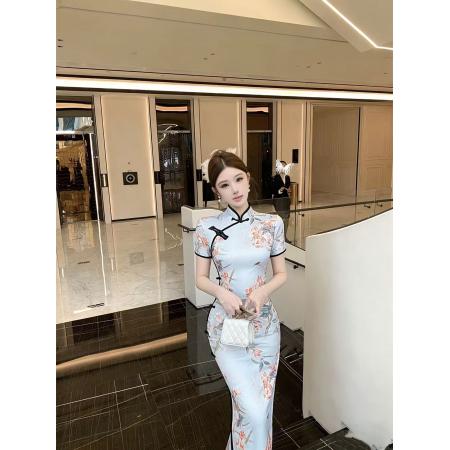 BY25759# 时尚气质复古印花收腰显瘦旗袍连衣裙 服裝批發女裝批發服飾貨源