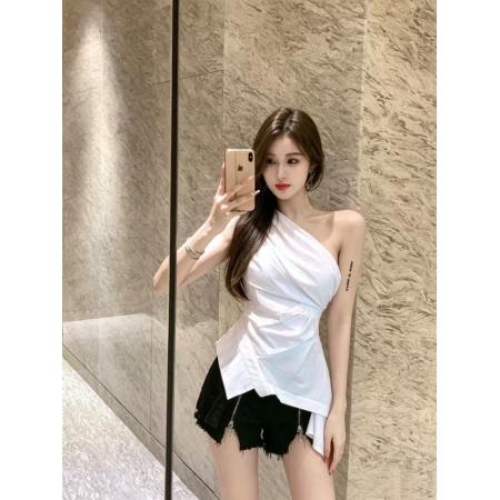 BY25761# 时尚气质漏肩性感斜肩短款小心机上衣 服裝批發女裝批發服飾貨源