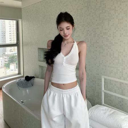 BY25770# 韩系纯欲V领纽扣吊带女夏季简约修身百搭上衣 服裝批發女裝批發服飾貨源