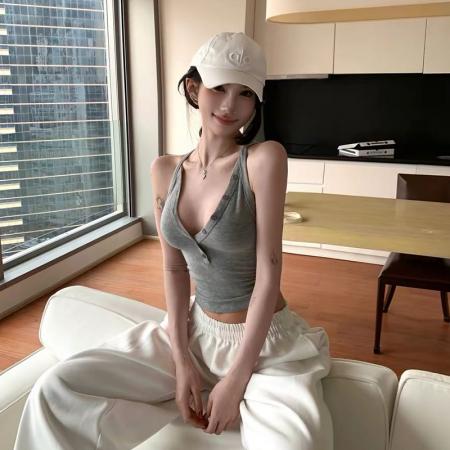 BY25770# 韩系纯欲V领纽扣吊带女夏季简约修身百搭上衣 服裝批發女裝批發服飾貨源