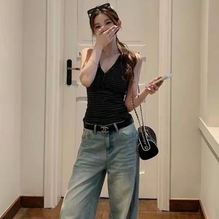 BY25770# 韩系纯欲V领纽扣吊带女夏季简约修身百搭上衣 服裝批發女裝批發服飾貨源