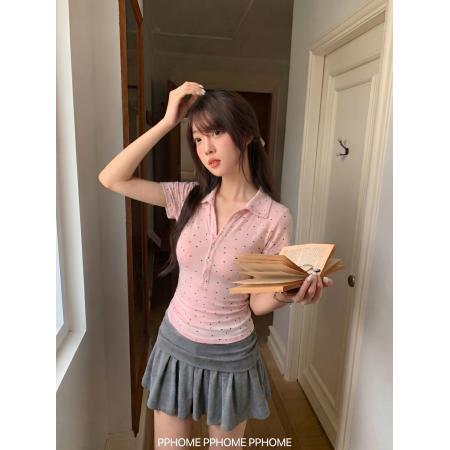 BY25771# 波点收腰短袖T恤女夏季修身辣妹显瘦polo领百搭灰色上衣 服裝批發女裝批發服飾貨源