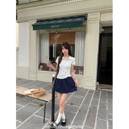 BY25771# 波点收腰短袖T恤女夏季修身辣妹显瘦polo领百搭灰色上衣 服裝批發女裝批發服飾貨源