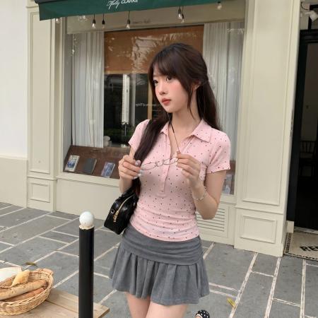 BY25771# 波点收腰短袖T恤女夏季修身辣妹显瘦polo领百搭灰色上衣 服裝批發女裝批發服飾貨源
