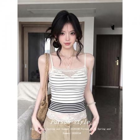 BY25772# 蕾丝花边条纹吊带女夏季设计感外穿背心辣妹上衣潮 服裝批發女裝批發服飾貨源