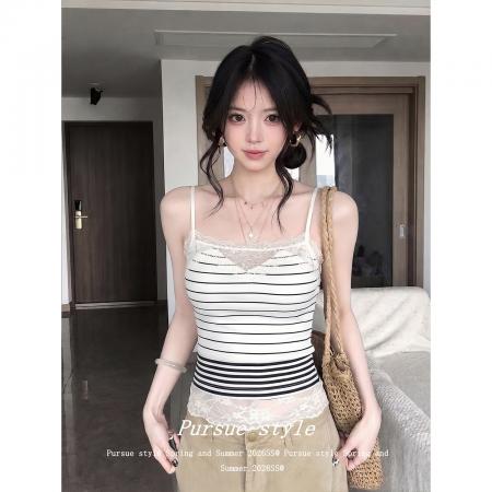 BY25772# 蕾丝花边条纹吊带女夏季设计感外穿背心辣妹上衣潮 服裝批發女裝批發服飾貨源