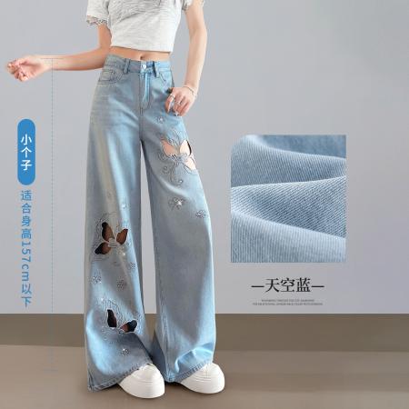 BY25781# 天丝软牛仔阔腿裤女夏薄款刺绣烫钻通勤小个子蝴蝶镂空直筒裤 服裝批發女裝批發服飾貨源