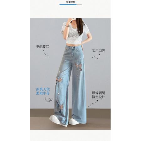 BY25781# 天丝软牛仔阔腿裤女夏薄款刺绣烫钻通勤小个子蝴蝶镂空直筒裤 服裝批發女裝批發服飾貨源