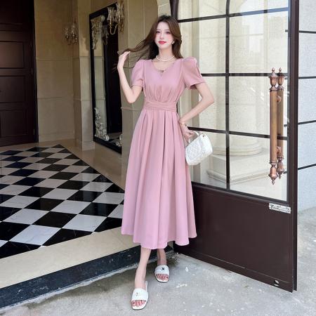 BY25809# 视频夏季新款时尚v领网红长裙收腰大摆连衣裙 服裝批發女裝批發服飾貨源