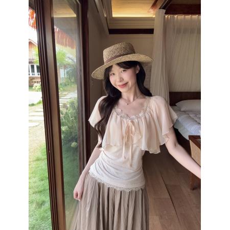 BY25827# 大码胖妹妹韩系纯欲假两件蕾丝花边拼接短袖修身显瘦上衣 服裝批發女裝批發服飾貨源