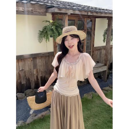 BY25827# 大码胖妹妹韩系纯欲假两件蕾丝花边拼接短袖修身显瘦上衣 服裝批發女裝批發服飾貨源