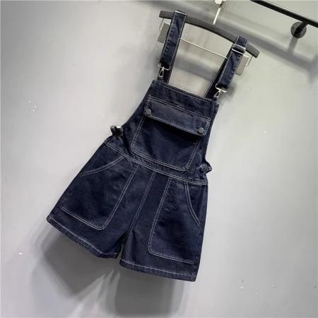 BY25829# 夏季新款减龄口袋深蓝色牛仔背带裤短裤洋气百搭吊带连体裤 服裝批發女裝批發服飾貨源