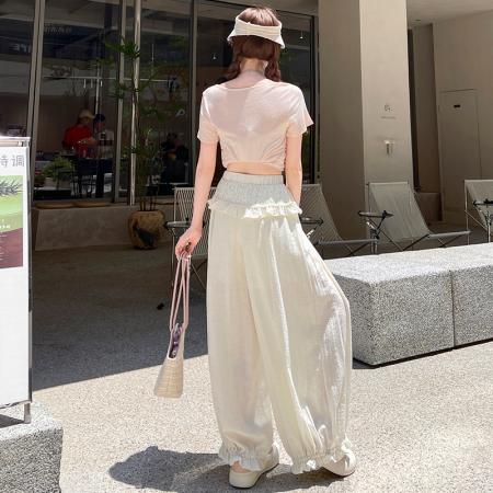 BY25835# 冰丝棉麻灯笼裤女夏季薄款新款高腰宽松休闲亚麻束脚裤 服裝批發女裝批發服飾貨源