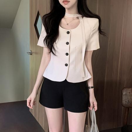 BY25838# 韩国chic法式飘带短袖西装气质通勤单排扣上衣 服裝批發女裝批發服飾貨源