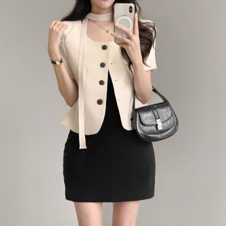 BY25838# 韩国chic法式飘带短袖西装气质通勤单排扣上衣 服裝批發女裝批發服飾貨源