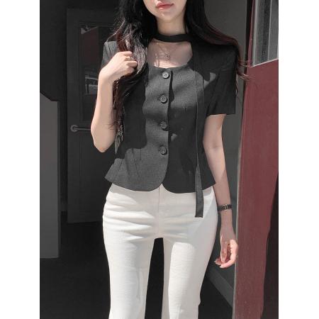 BY25838# 韩国chic法式飘带短袖西装气质通勤单排扣上衣 服裝批發女裝批發服飾貨源