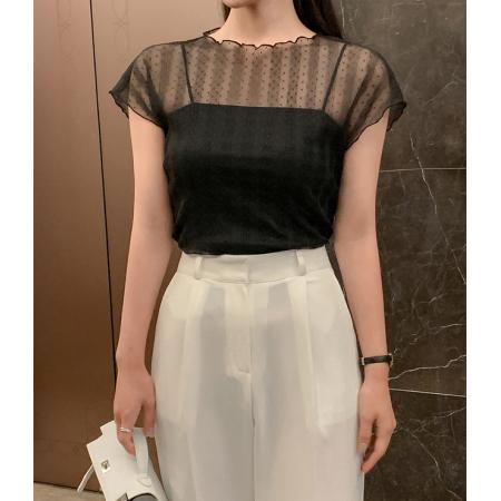 BY25839# 韩国chic点点网纱上衣木耳边小飞袖透视吊带两件套 服裝批發女裝批發服飾貨源