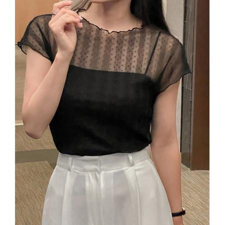 BY25839# 韩国chic点点网纱上衣木耳边小飞袖透视吊带两件套 服裝批發女裝批發服飾貨源