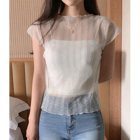 BY25839# 韩国chic点点网纱上衣木耳边小飞袖透视吊带两件套 服裝批發女裝批發服飾貨源