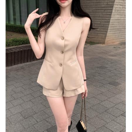 BY25840# 韩国chic法式V领无袖西装马甲加高腰短裤两件套 服裝批發女裝批發服飾貨源