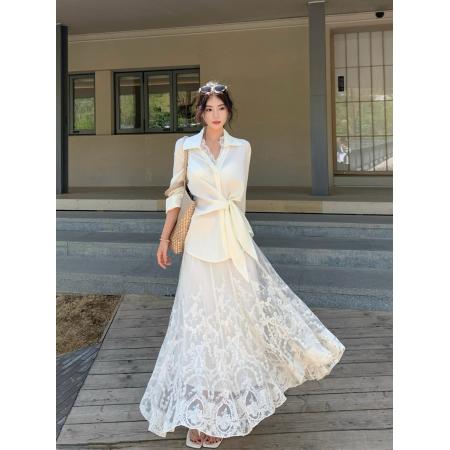 BY25844# 宽松长袖防晒衬衫+重工刺绣半身裙长裙女两件套 服裝批發女裝批發服飾貨源