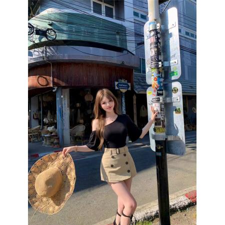 BY25850# 夏季复古性感喇叭袖斜肩T恤上衣高腰A摆显瘦半身裤裙套装女 服裝批發女裝批發服飾貨源