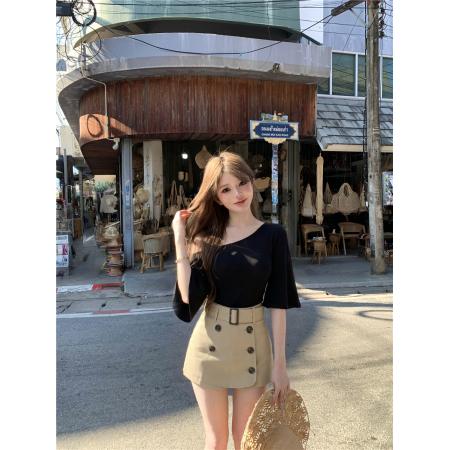 BY25850# 夏季复古性感喇叭袖斜肩T恤上衣高腰A摆显瘦半身裤裙套装女 服裝批發女裝批發服飾貨源