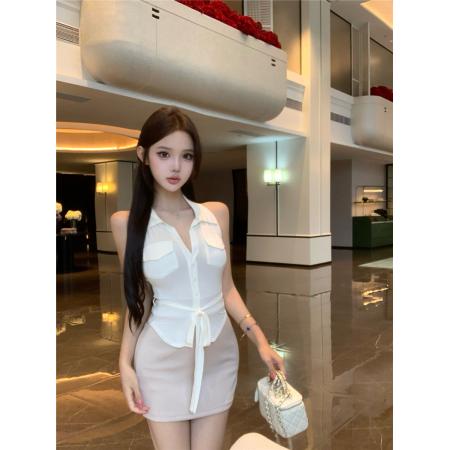 BY25851# 夏季复古性感修身显瘦无袖超柔针织上衣高腰包臀半身裙套装女 服裝批發女裝批發服飾貨源