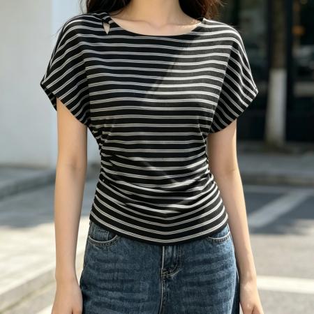 BY25855# 韩系设计感小众别致短袖t恤女夏季新款收腰显瘦扭结镂空上衣 服裝批發女裝批發服飾貨源
