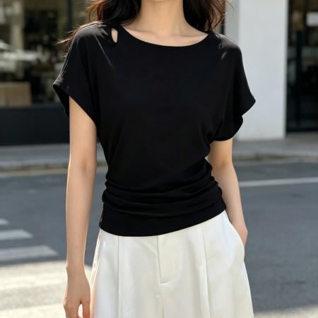 BY25855# 韩系设计感小众别致短袖t恤女夏季新款收腰显瘦扭结镂空上衣 服裝批發女裝批發服飾貨源
