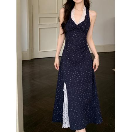BY25856# 碎花挂脖连衣裙女夏季新款度假风收腰A字小个子长裙 服裝批發女裝批發服飾貨源