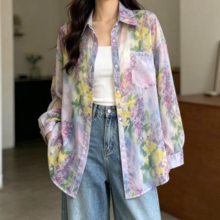 BY25858# 法式高级设计感独特碎花衬衫女夏新款时尚洋气宽松休闲上衣 服裝批發女裝批發服飾貨源