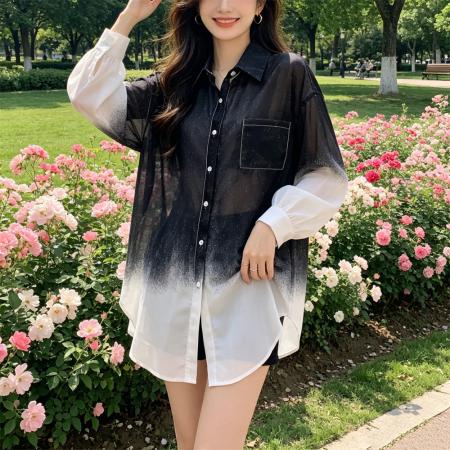 BY25860# 设计感渐变色长袖开衫上衣女夏季新款通勤风防晒衫外套 服裝批發女裝批發服飾貨源