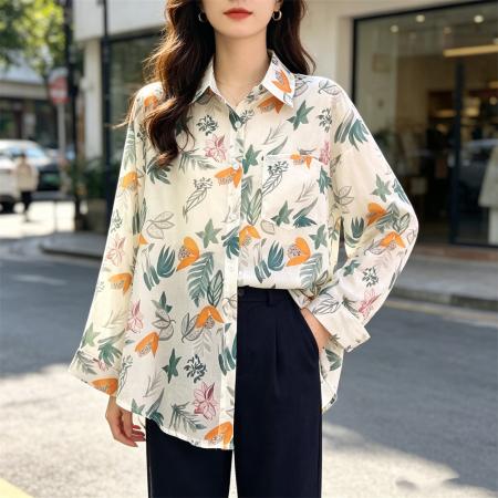 BY25861# 法式气质翻领印花衬衫女夏季宽松设计感休闲防晒上衣 服裝批發女裝批發服飾貨源