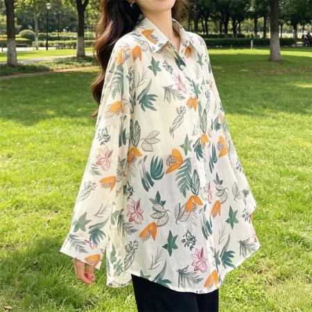 BY25861# 法式气质翻领印花衬衫女夏季宽松设计感休闲防晒上衣 服裝批發女裝批發服飾貨源
