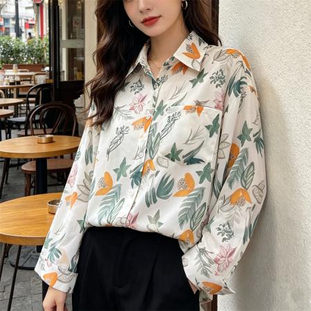 BY25861# 法式气质翻领印花衬衫女夏季宽松设计感休闲防晒上衣 服裝批發女裝批發服飾貨源
