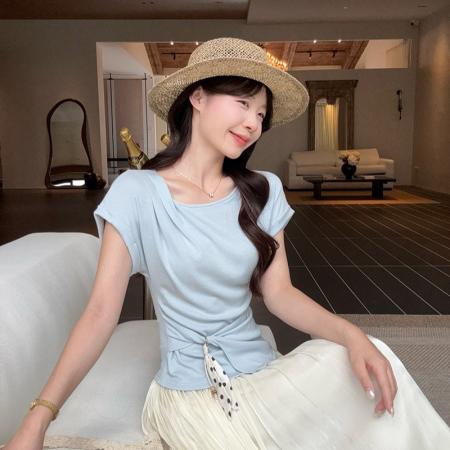 BY25862# 夏装新款胖mm大码女韩系简约纯色设计感飞飞袖短袖上衣 服裝批發女裝批發服飾貨源