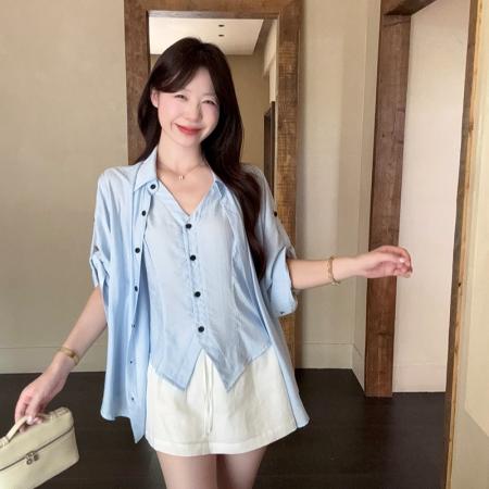 BY25869# 夏装新款胖mm大码女老钱风夏季百搭假两件衬衫 服裝批發女裝批發服飾貨源