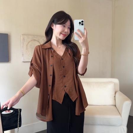 BY25869# 夏装新款胖mm大码女老钱风夏季百搭假两件衬衫 服裝批發女裝批發服飾貨源