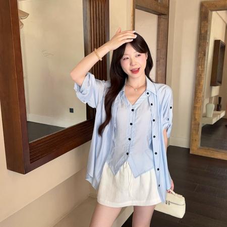 BY25869# 夏装新款胖mm大码女老钱风夏季百搭假两件衬衫 服裝批發女裝批發服飾貨源